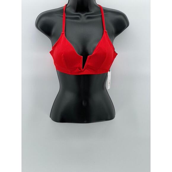 SHADE & SHORE Women's Red Textured Cross Back Strap Split-Neck Bikini Top SZ 32B - Picture 1 of 8